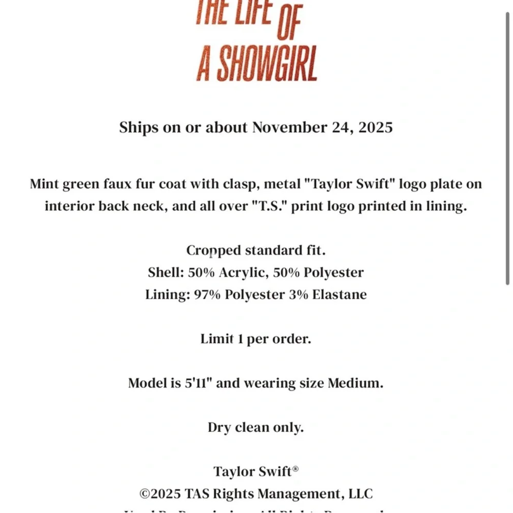 Taylor Swift The Life of a Showgirl Mint Fuzzy Jacket Teal TLOAS Show Girl M/L - Picture 6 of 12